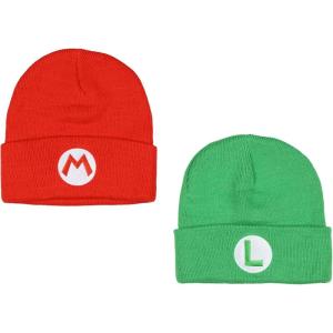 image:imageNintendo Beanie  Super Mario Bros Mario and Luigi Embroidered Patch 2Pack Knit Cuffed Cold Weather Beanie Set for Men and Women Multicolored